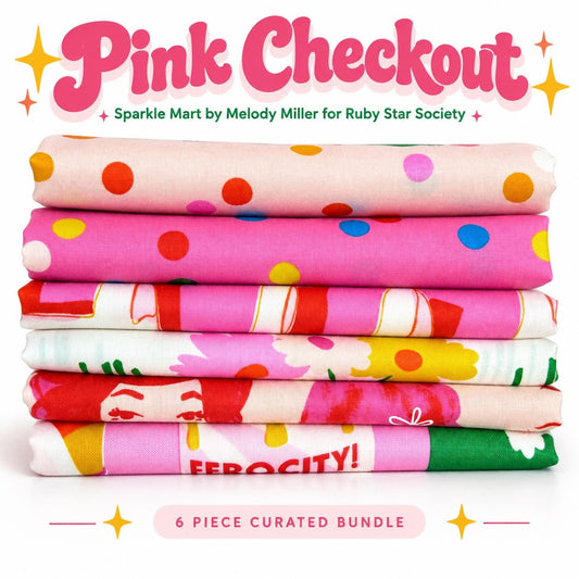 Pink Checkout Sparkle Mart Fabric Bundle | 6 Piece Fat Quarter or Half Yard Bundle | Melody Miller Ruby Star Society Pink Retro Fabric