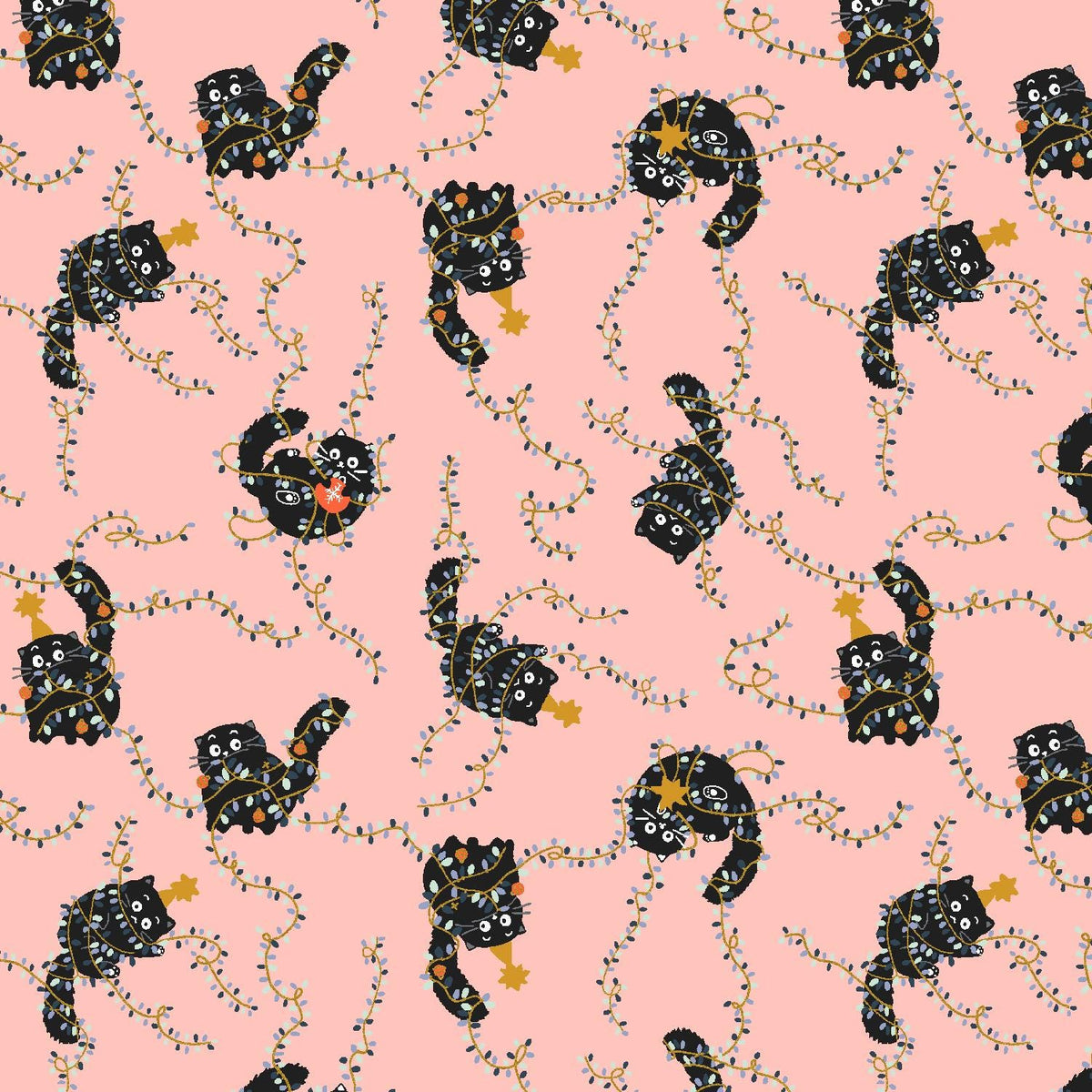 Christmas Cat Fabric - Catmas Tangle Cat's Meow Metallic - Cotton+Steel Calli and Co - Pink Black Cat Holiday Fabric