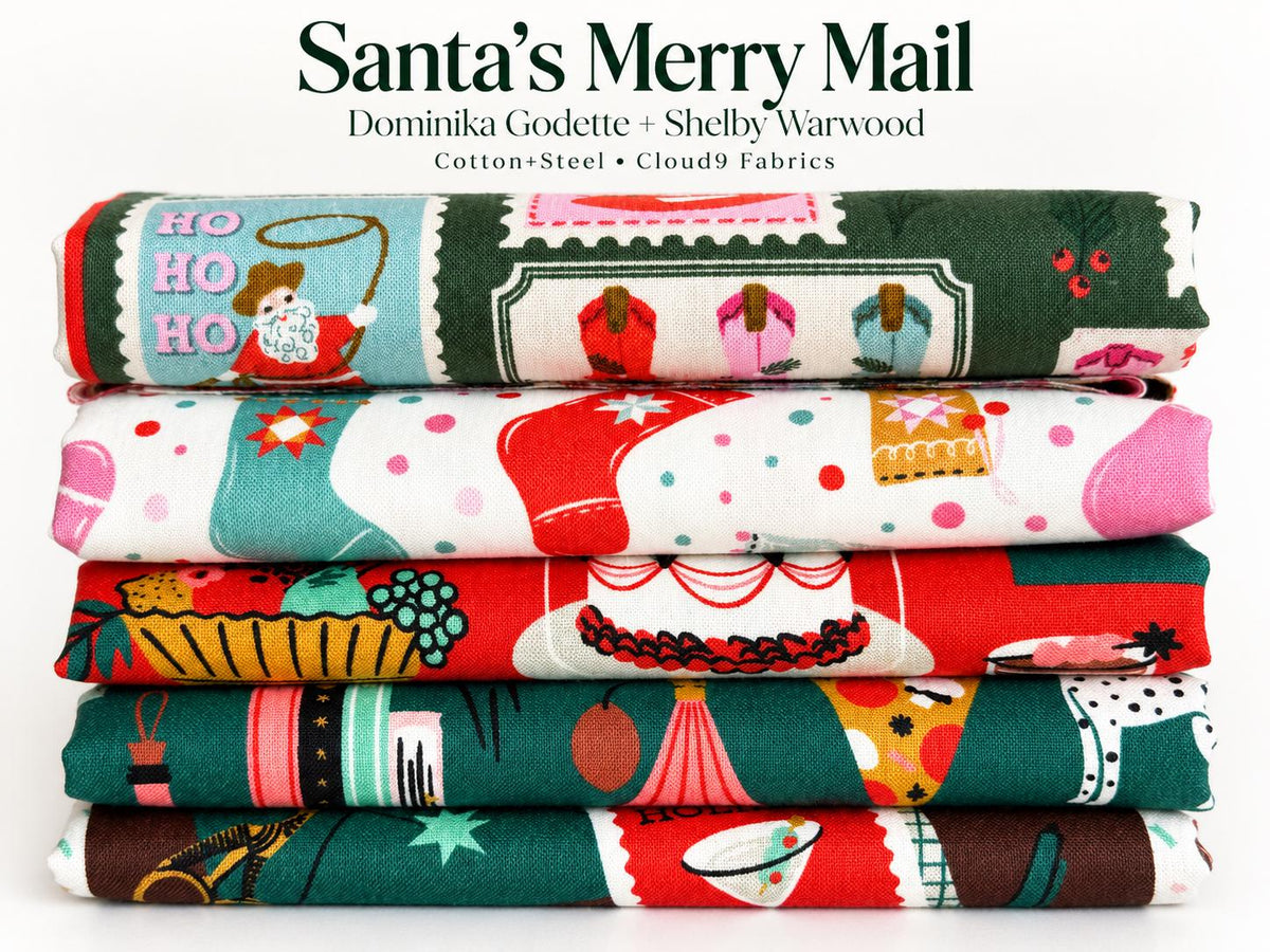 Santa’s Merry Mail Christmas Fabric Bundle, 5 Prints, Cotton+Steel & Cloud9, Fat Quarter or Half Yard, Retro Holiday Fabric