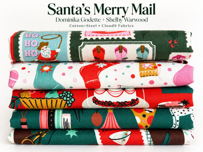 Santa’s Merry Mail Christmas Fabric Bundle, 5 Prints, Cotton+Steel & Cloud9, Fat Quarter or Half Yard, Retro Holiday Fabric