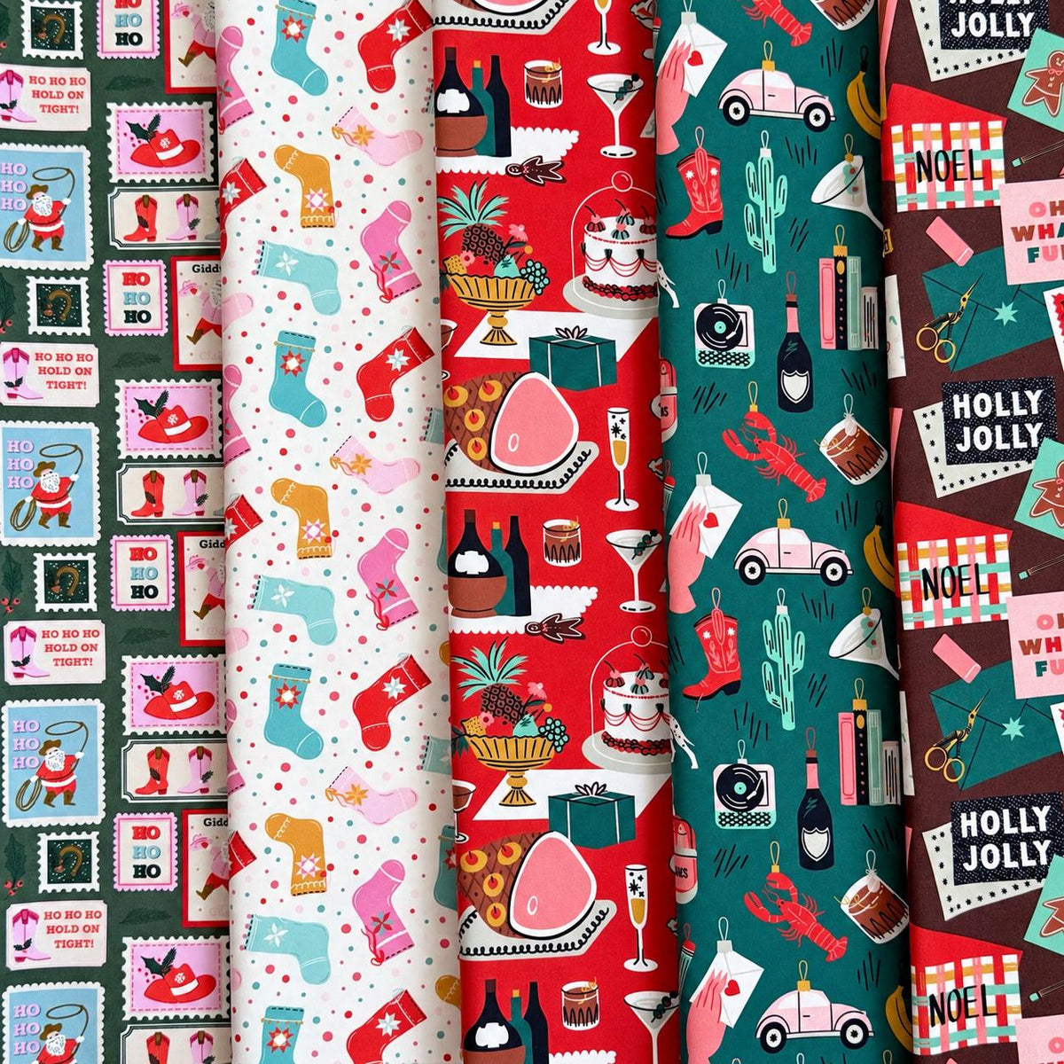 Santa’s Merry Mail Christmas Fabric Bundle, 5 Prints, Cotton+Steel & Cloud9, Fat Quarter or Half Yard, Retro Holiday Fabric