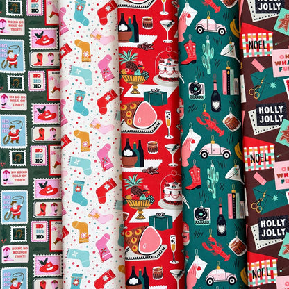 Santa’s Merry Mail Christmas Fabric Bundle, 5 Prints, Cotton+Steel & Cloud9, Fat Quarter or Half Yard, Retro Holiday Fabric