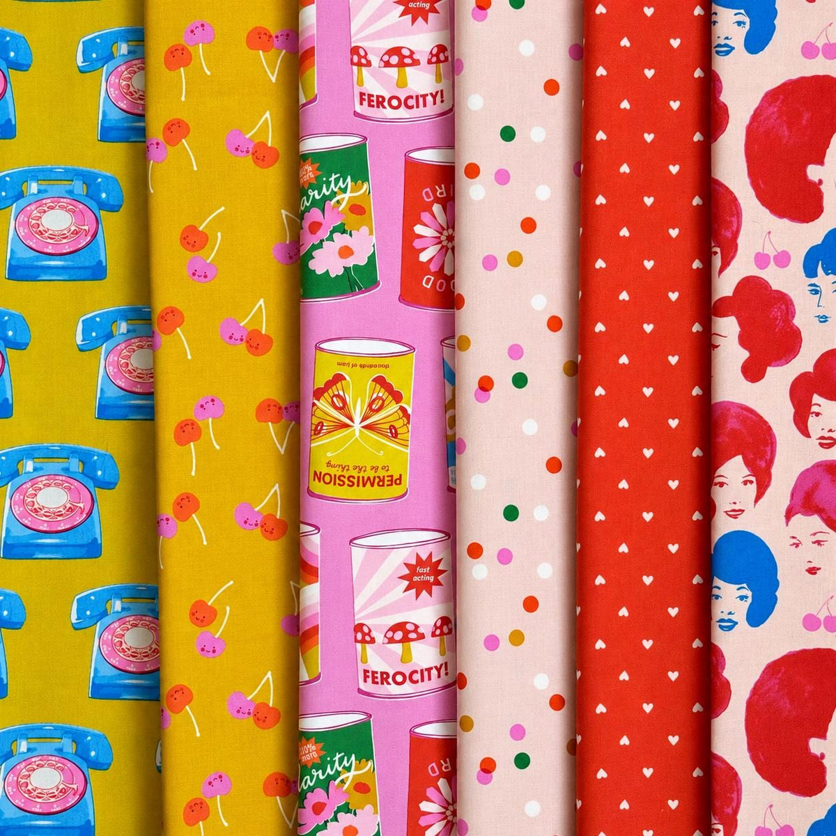 Golden Hour Cherry Soda Fabric Bundle, Sparkle Mart, Ruby Star Society, Retro Telephones & Cherries, 6 Fat Quarters or Half Yards