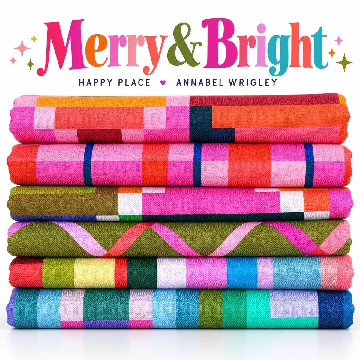 Merry & Bright Christmas Fabric Bundle | Happy Place Annabel Wrigley | 6 Piece Pink Green Holiday Quilting Cotton