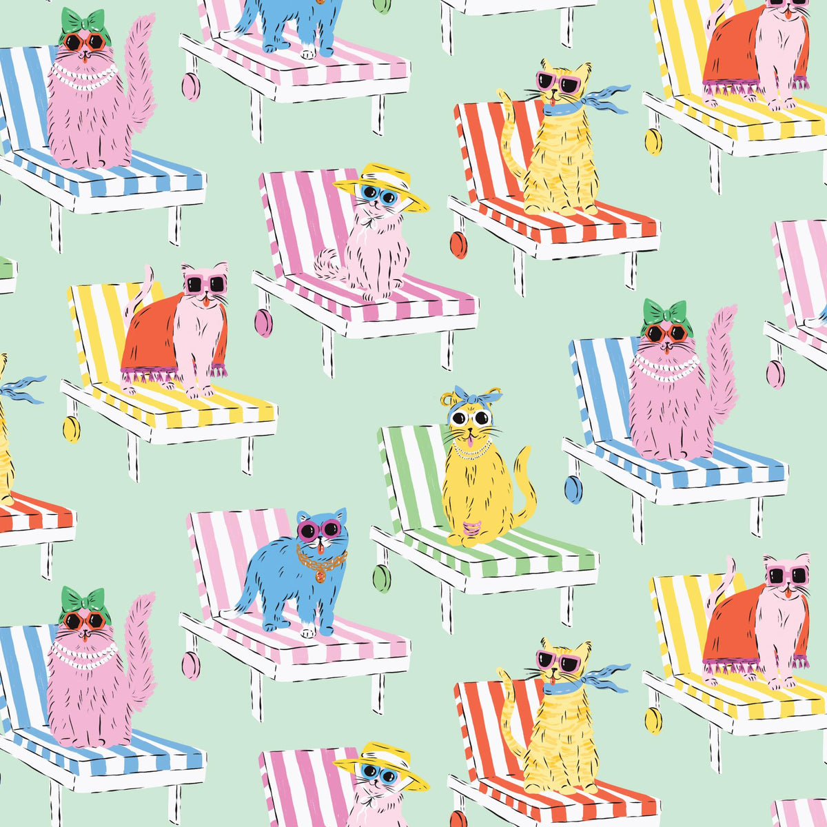 Feline Fine | Mint/Multi | Poolside Purrfection by Krissy Mast | Cloud9 Fabrics Organic Cotton | Cat Summer Fabric