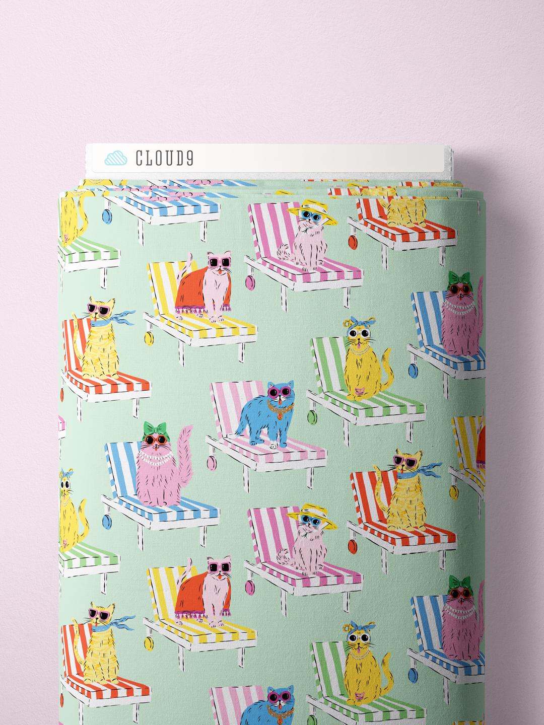 Feline Fine | Mint/Multi | Poolside Purrfection by Krissy Mast | Cloud9 Fabrics Organic Cotton | Cat Summer Fabric