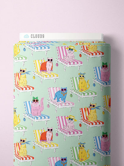 Feline Fine | Mint/Multi | Poolside Purrfection by Krissy Mast | Cloud9 Fabrics Organic Cotton | Cat Summer Fabric