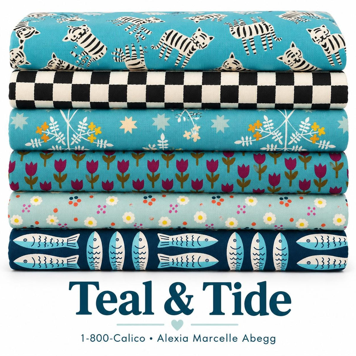 Teal And Tide 6 Piece Fabric Bundle | 1-800-Calico | Ruby Star Society | Cat & Sardine Quilting Fabric | Fat Quarter or Half Yard