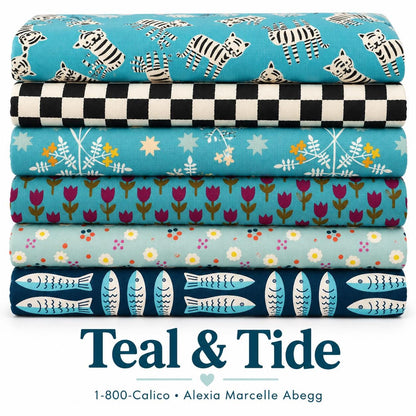 Teal And Tide 6 Piece Fabric Bundle | 1-800-Calico | Ruby Star Society | Cat & Sardine Quilting Fabric | Fat Quarter or Half Yard