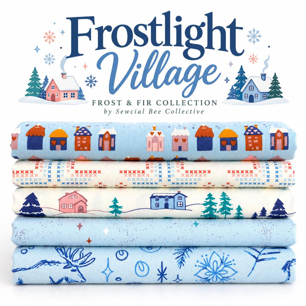 Frostlight Village Fat Quarter Bundle | Frost & Fir Fabric | 5 Piece Winter Quilting Cotton Bundle | Art Gallery Fabrics | Half Yard Option