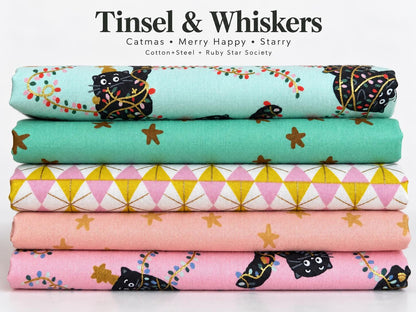 Christmas Cat Fabric Bundle, Pink Mint Gold Metallic, Cotton and Steel, Ruby Star Society, 5 Fat Quarters or Half Yards, Tinsel & Whiskers