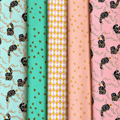 Christmas Cat Fabric Bundle, Pink Mint Gold Metallic, Cotton and Steel, Ruby Star Society, 5 Fat Quarters or Half Yards, Tinsel & Whiskers