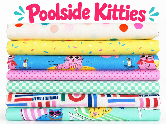 Poolside Kitties 7 Piece Cat Fabric Bundle, Retro Summer Cats, Cloud9 Poolside Purrfection, Fat Quarter or Half Yard, Quilting Cotton