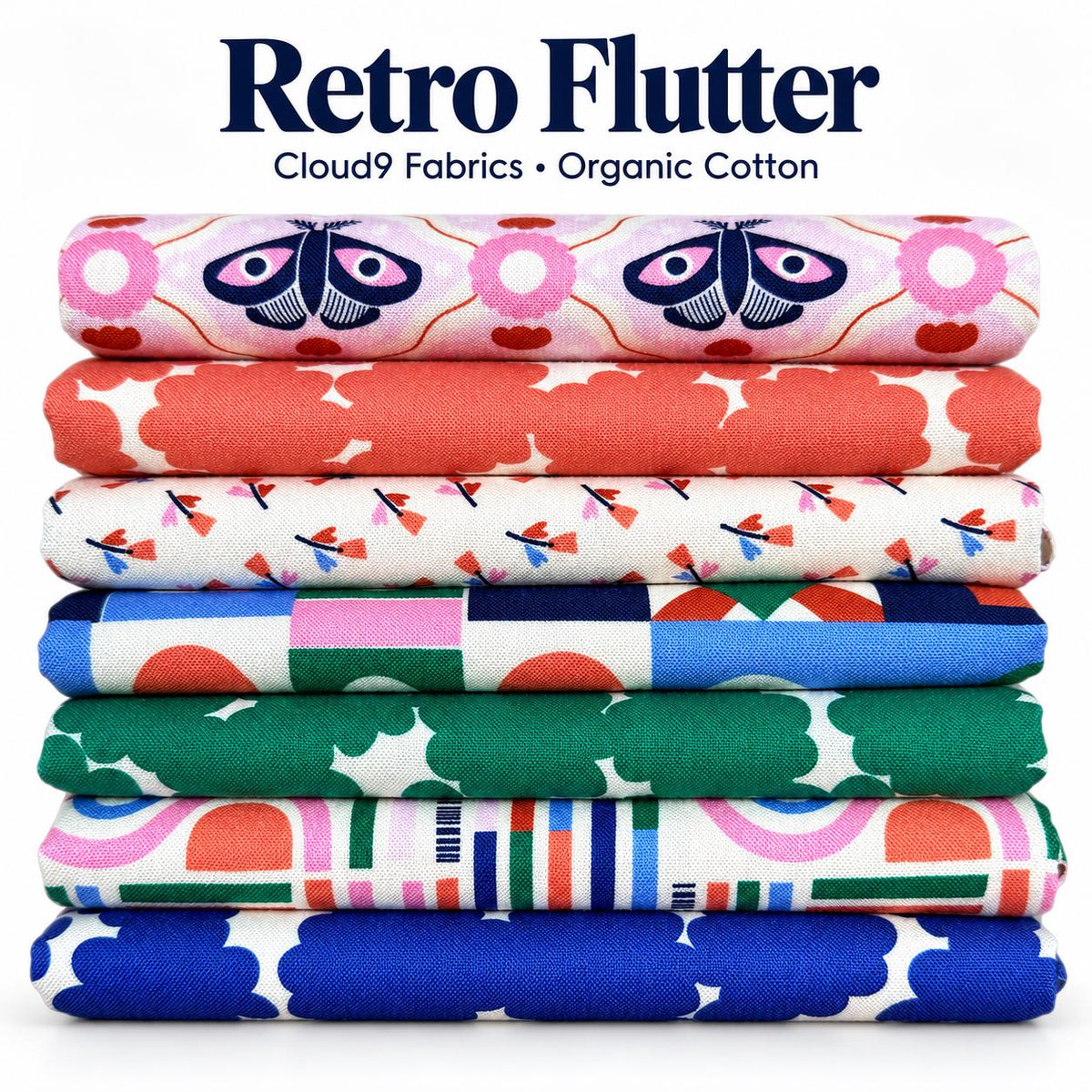 Organic Cotton Fabric Bundle, Retro Flutter, Cloud9 Fabrics, 7 Piece Fat Quarter or Half Yard Bundle, Butterfly Quilting Fabric