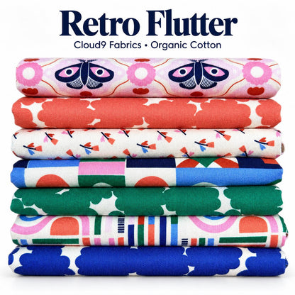 Organic Cotton Fabric Bundle, Retro Flutter, Cloud9 Fabrics, 7 Piece Fat Quarter or Half Yard Bundle, Butterfly Quilting Fabric