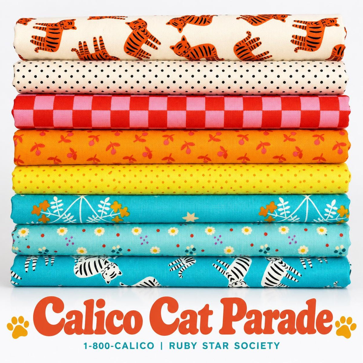 Calico Cat Parade Fabric Bundle | 1-800-Calico Ruby Star Society | 8 Piece Cat Fabric | Fat Quarter or Half Yard Bundle