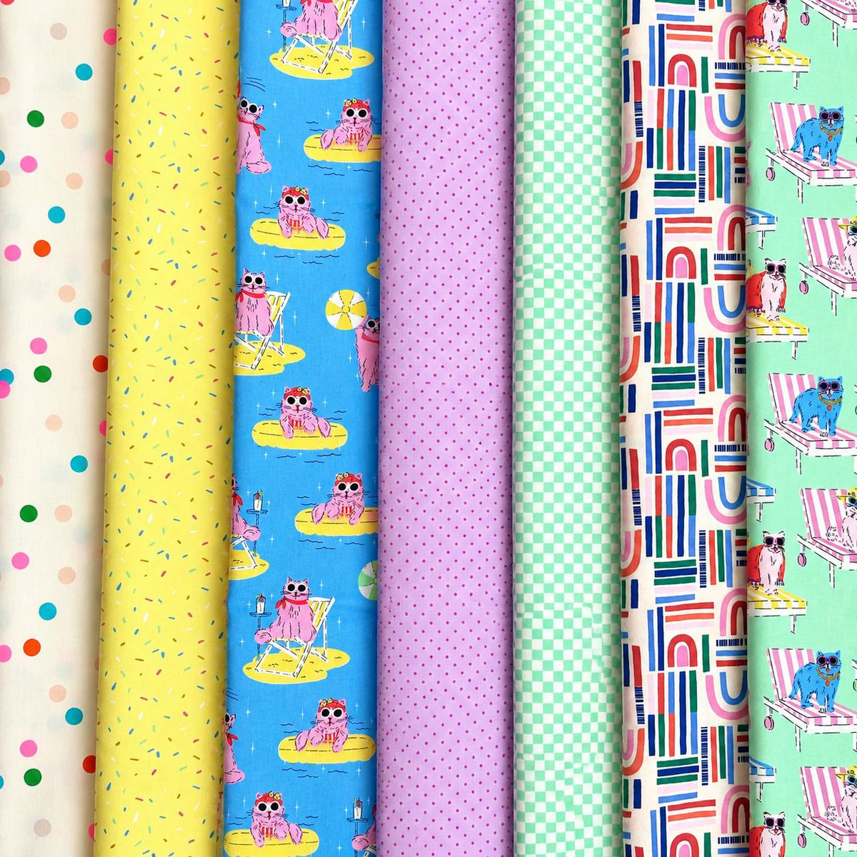 Poolside Kitties 7 Piece Cat Fabric Bundle, Retro Summer Cats, Cloud9 Poolside Purrfection, Fat Quarter or Half Yard, Quilting Cotton