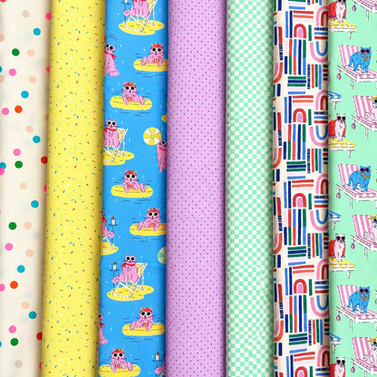 Poolside Kitties 7 Piece Cat Fabric Bundle, Retro Summer Cats, Cloud9 Poolside Purrfection, Fat Quarter or Half Yard, Quilting Cotton