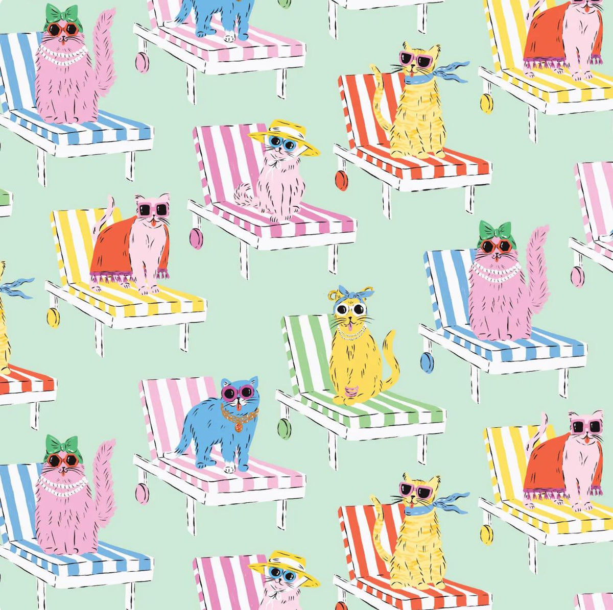 Poolside Kitties 7 Piece Cat Fabric Bundle, Retro Summer Cats, Cloud9 Poolside Purrfection, Fat Quarter or Half Yard, Quilting Cotton