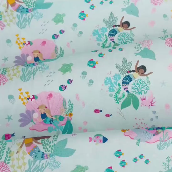 Mermaid For Each Other Fabric - 100% Cotton Ocean/Sea Creatures/Mermaid Print by Dear Stella - Capri/Light Blue Backdrop