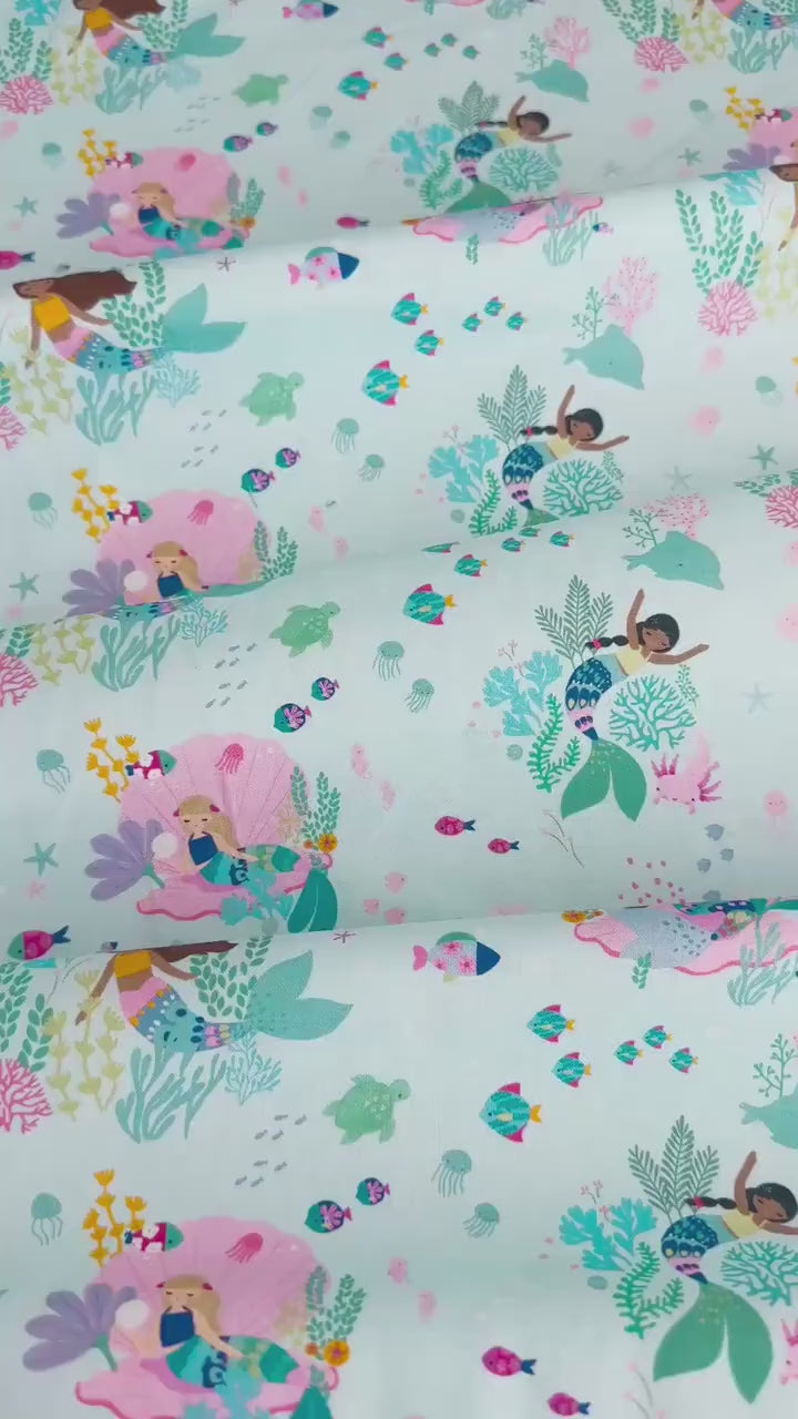 Mermaid For Each Other Fabric - 100% Cotton Ocean/Sea Creatures/Mermaid Print by Dear Stella - Capri/Light Blue Backdrop