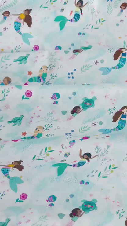 Free Flow Fabric - 100% Cotton Ocean/Sea Creatures/Mermaid Print by Dear Stella - White Backdrop - Fabric By The Yard