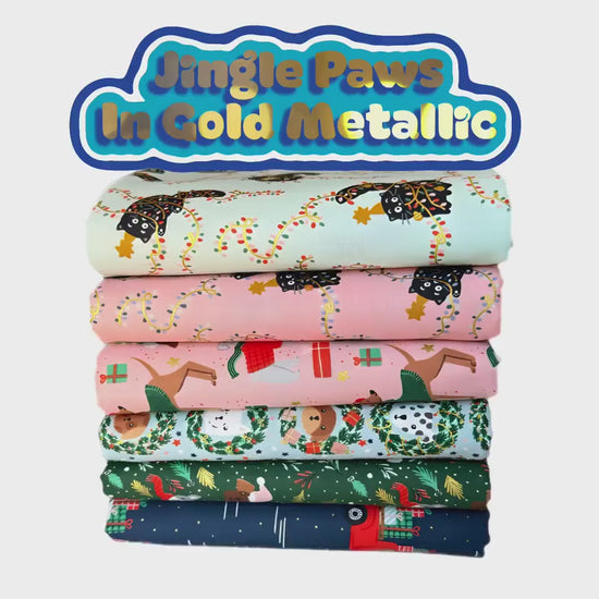 Jingle Paws – Cat & Dog Christmas in Gold Metallic Bundle – 6pc Cotton And Steel Holiday Fabrics | Fat Quarter, Quarter Yard, Half Yard Cuts