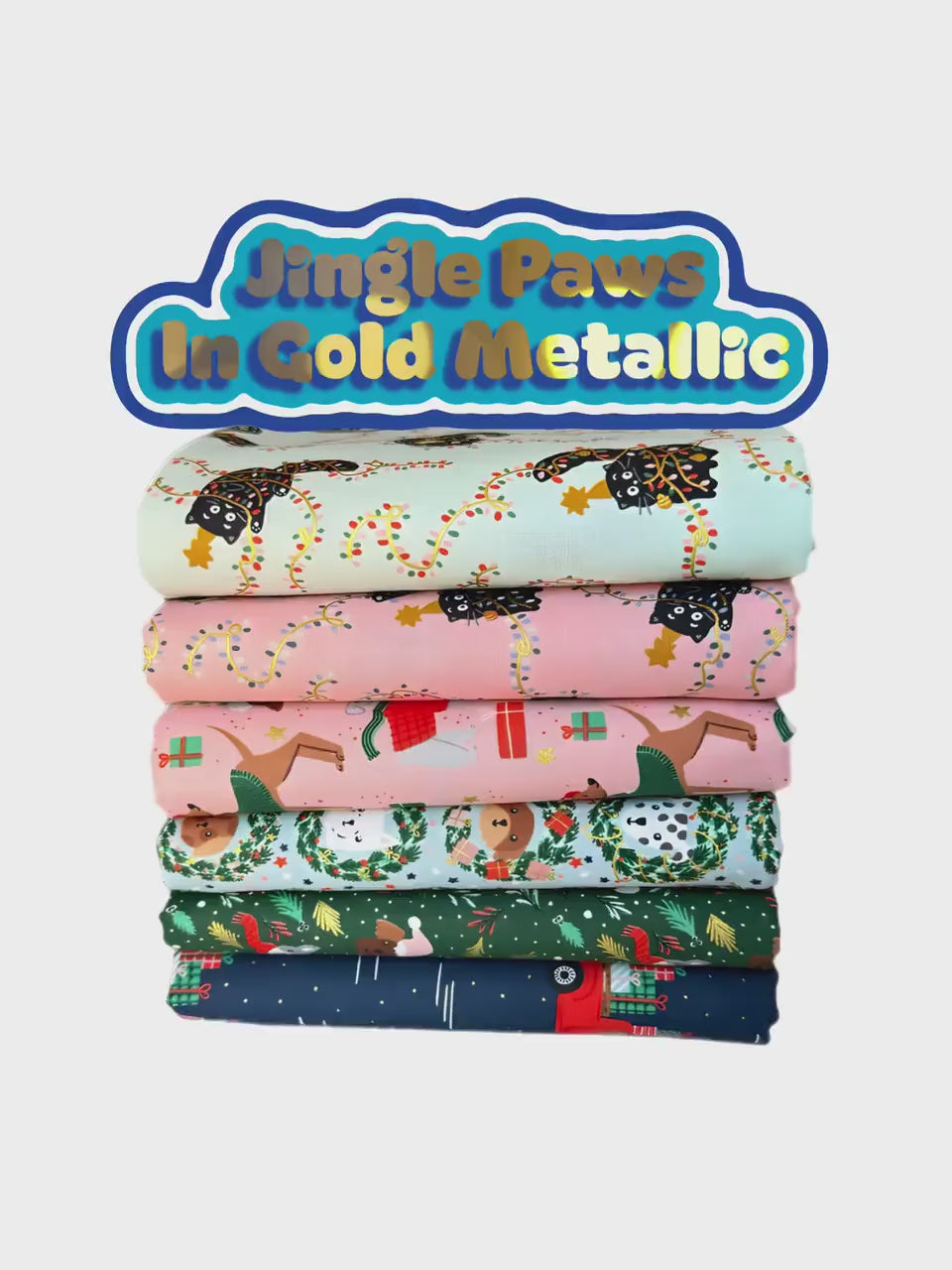Jingle Paws – Cat & Dog Christmas in Gold Metallic Bundle – 6pc Cotton And Steel Holiday Fabrics | Fat Quarter, Quarter Yard, Half Yard Cuts